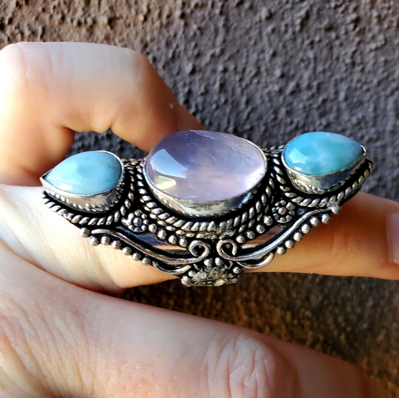 New Rose Quartz & Larimar 925 Silver Statement Ring. - Picture 7 of 15